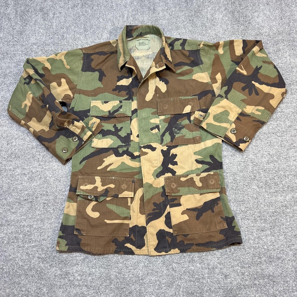 Military Camo Jacket Mens Small Woodland BDU Field Shirt Hunting Button Pockets